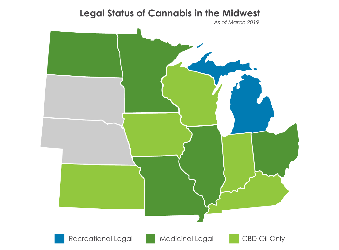 map of midwest states with color coding for legal status: recreational legal, medicinal legal or CBD oil only