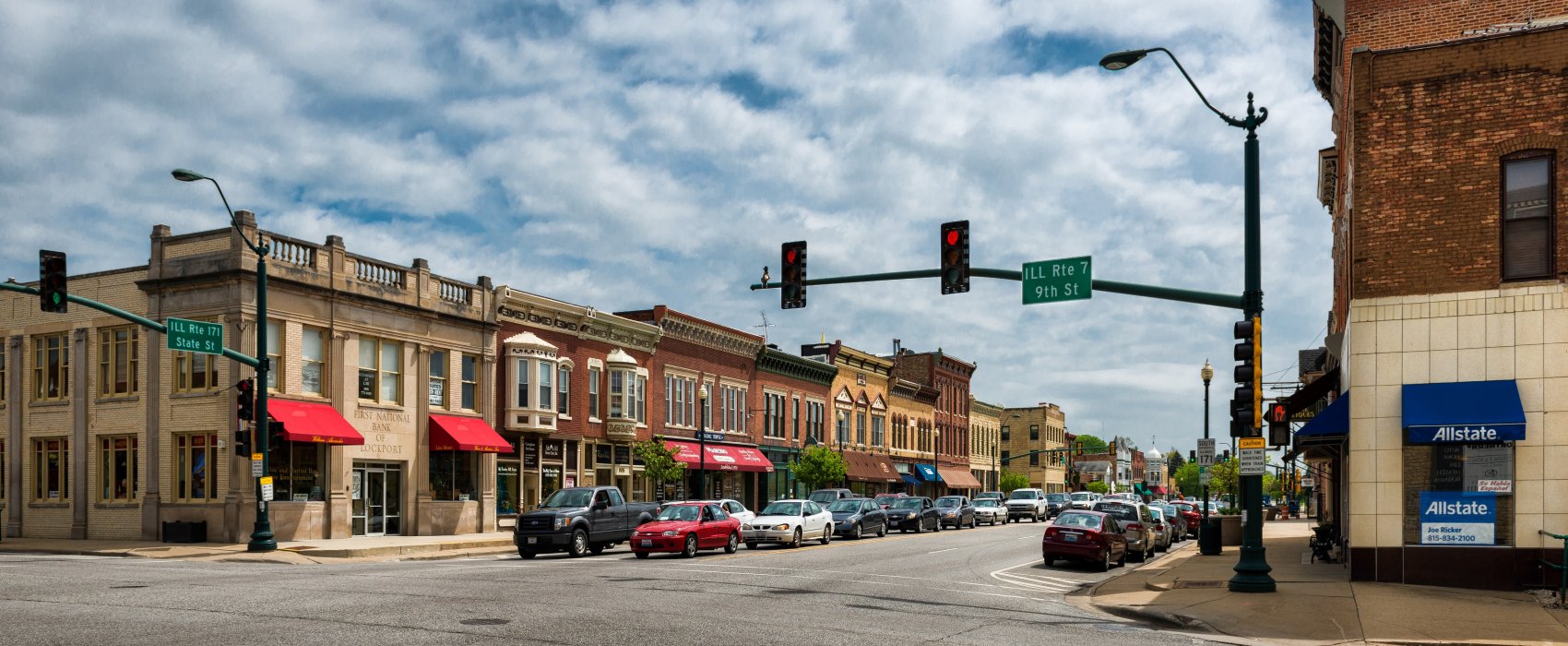 Buildings line downtown Lockport, IL