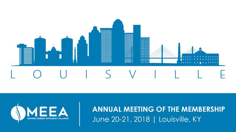 Louisville's skyline illustrated in blue with meea's logo and event information below