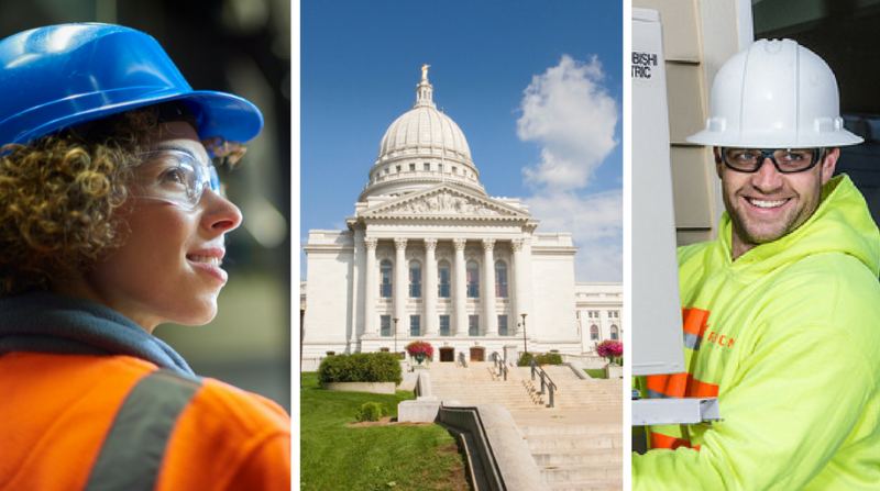 collage of energy workers and state capitol building