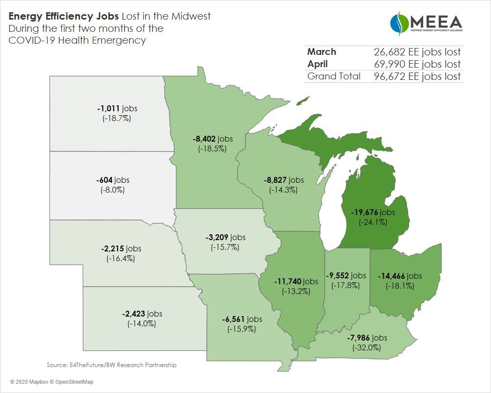 Map of Midwest energy efficiency job loss due to COVID by state