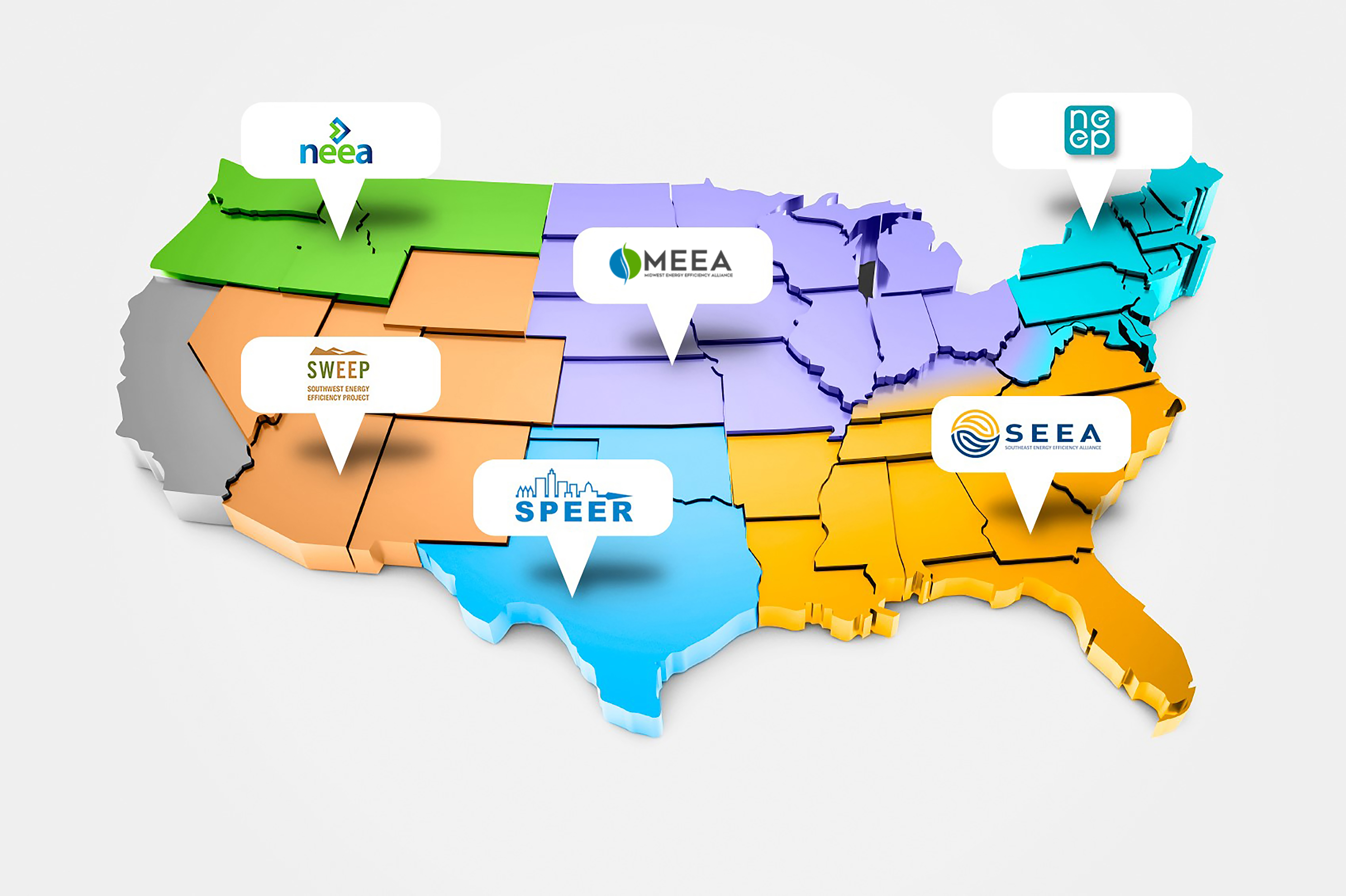 A map showing states covered by each regional energy efficiency organization