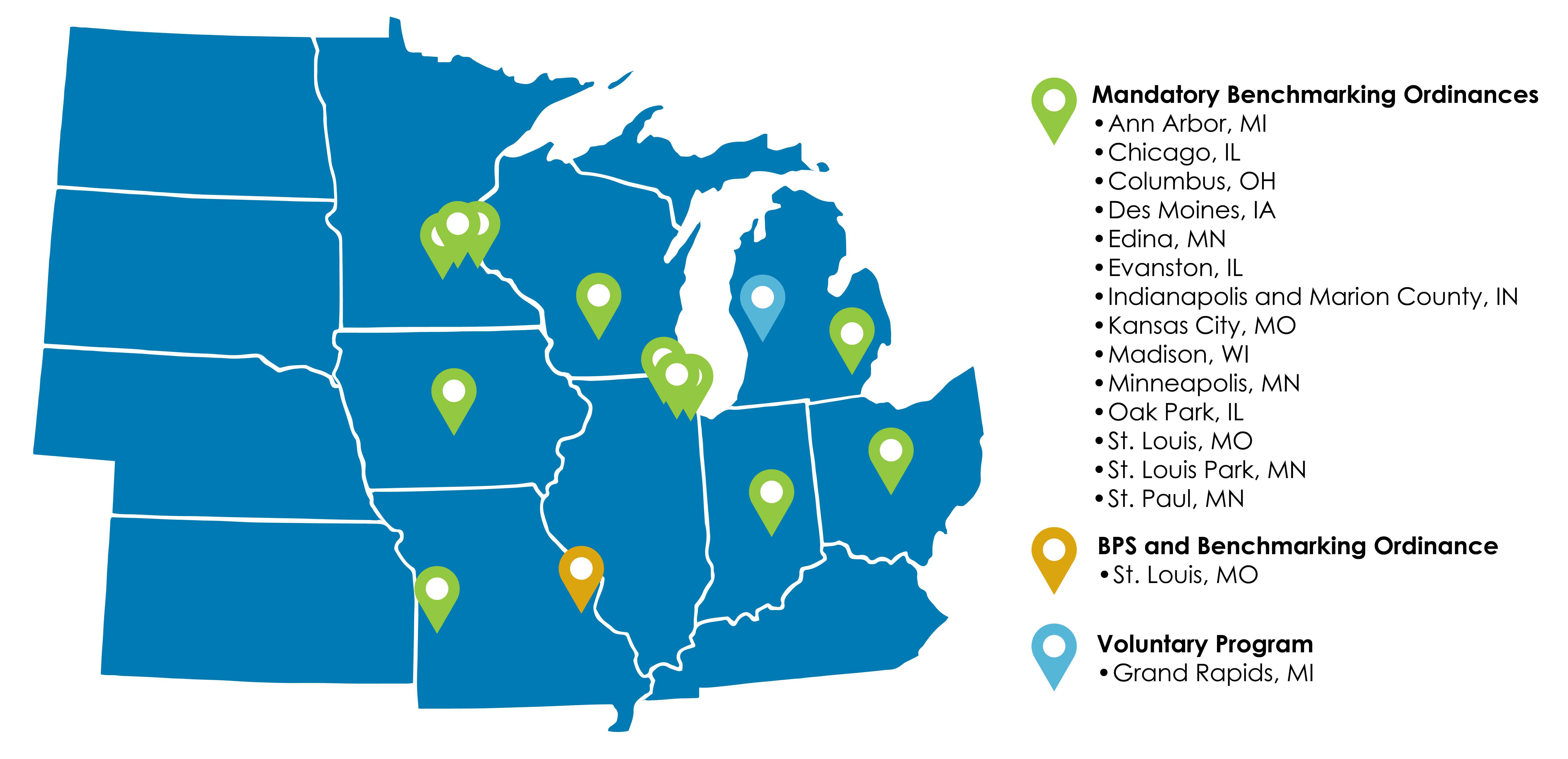 Map denoting public and private commercial building benchmarking ordinances