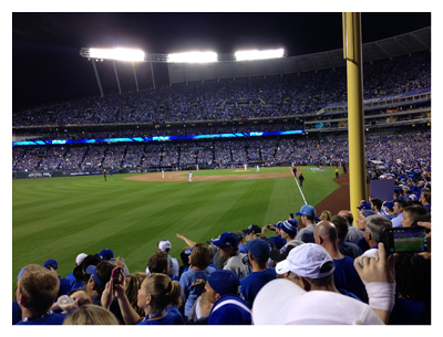 fans watching a baseball game at Kansas City's Kauffman Stadium