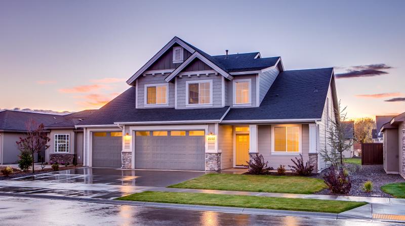a suburban home at sunset